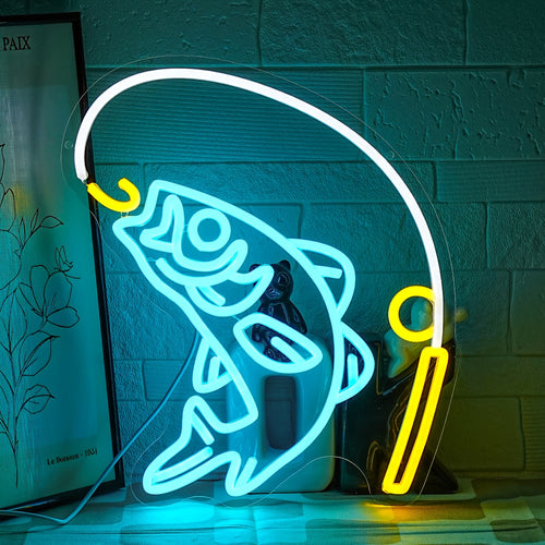 Fishing Neon Sign, Dimmable LED Fly Fishing Neon Wall Decor, Go Fishing Hook Neon Sign for Tackle Shop, Room, Man Cave, Bedroom