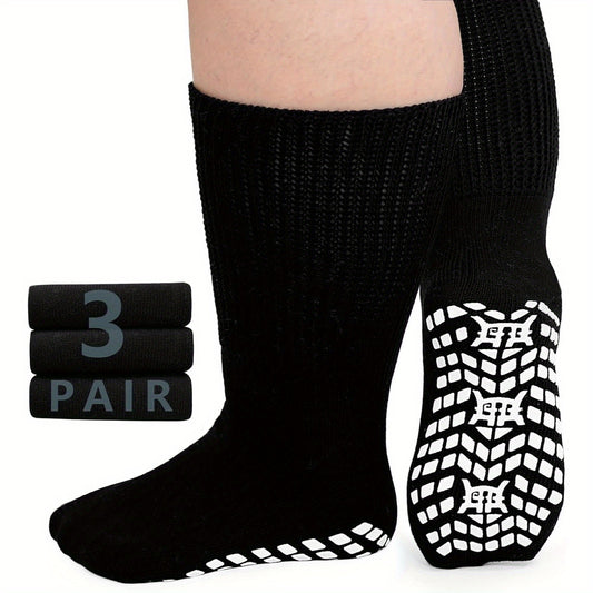Anti-Slip Wide Socks for Swollen Feet 3 Pairs Grippy Sole Diabetic Non-Binding Breathable Edema Socks Reinforced Toe Heel Black White Grey Size 9-13 13-15