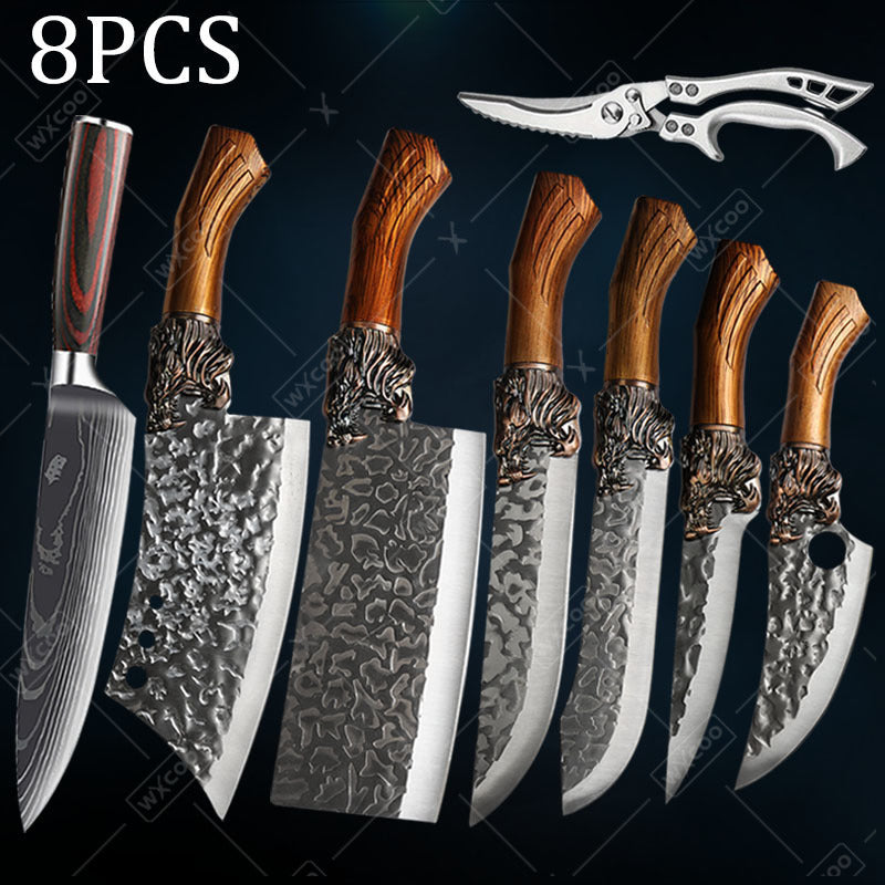 8pcs, Professional Kitchen Chef Knife Set, Stainless Steel Utility Knife Handmade Forged Knife Boning Knife Fish Knife Butcher Knife Kitchen Scissors Ultra-Sharp Bone Scissors for Kitchen Convenience Boning Duck Fish Scissors