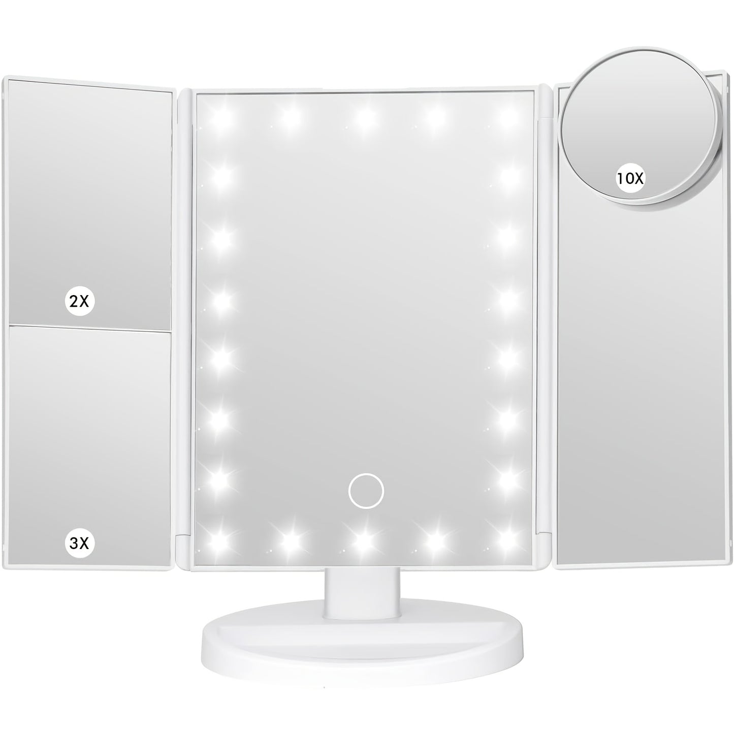 LED Tri-Fold Makeup Mirror with Touch Screen – 1X/2X/3X/10X Magnifying Vanity Mirror, Flexible Adjustable Base, Lighted Travel Mirror for Makeup Desk, Bedroom & Bathroom | Gift for Women