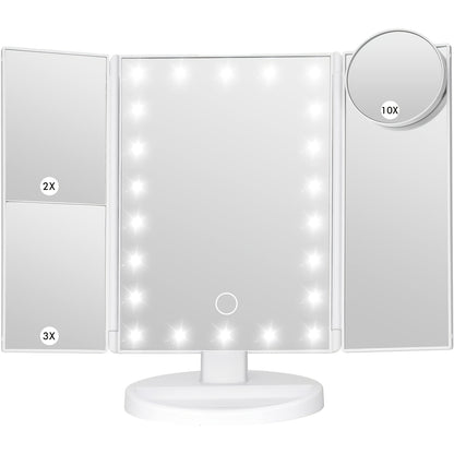 LED Tri-Fold Makeup Mirror with Touch Screen – 1X/2X/3X/10X Magnifying Vanity Mirror, Flexible Adjustable Base, Lighted Travel Mirror for Makeup Desk, Bedroom & Bathroom | Gift for Women