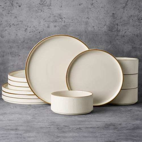 12pcs Modern Dinnerware Set for 4 - Cappuccino White Stoneware Plates & Bowls Suitable for Holiday Tableware, Microwave & Dishwasher, Round Plates and Bowls for Everyday Dining, Plates and Bowls for Dinner Parties, for or Gifts