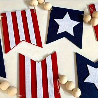 4th of July Patriotic Bunting Flags with Wood Bead Garland - Red White Blue Hanging Decor for Independence Day, American Theme Party, Fireplace Mantle & Home Wall Decoration