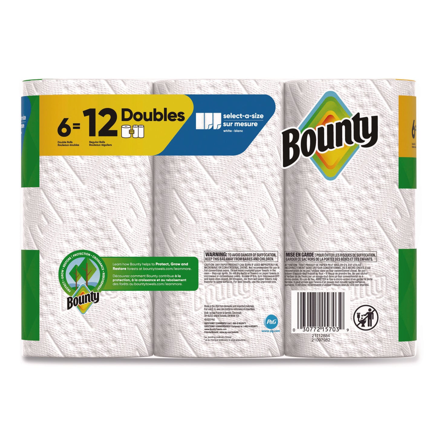 Pack of 6 Bounty Select-a-Size Kitchen Paper Towel Rolls, 2-Ply, 6 x 11, White, Double Size Rolls, 82 Sheets per Roll, Sold as 1 Pack Each