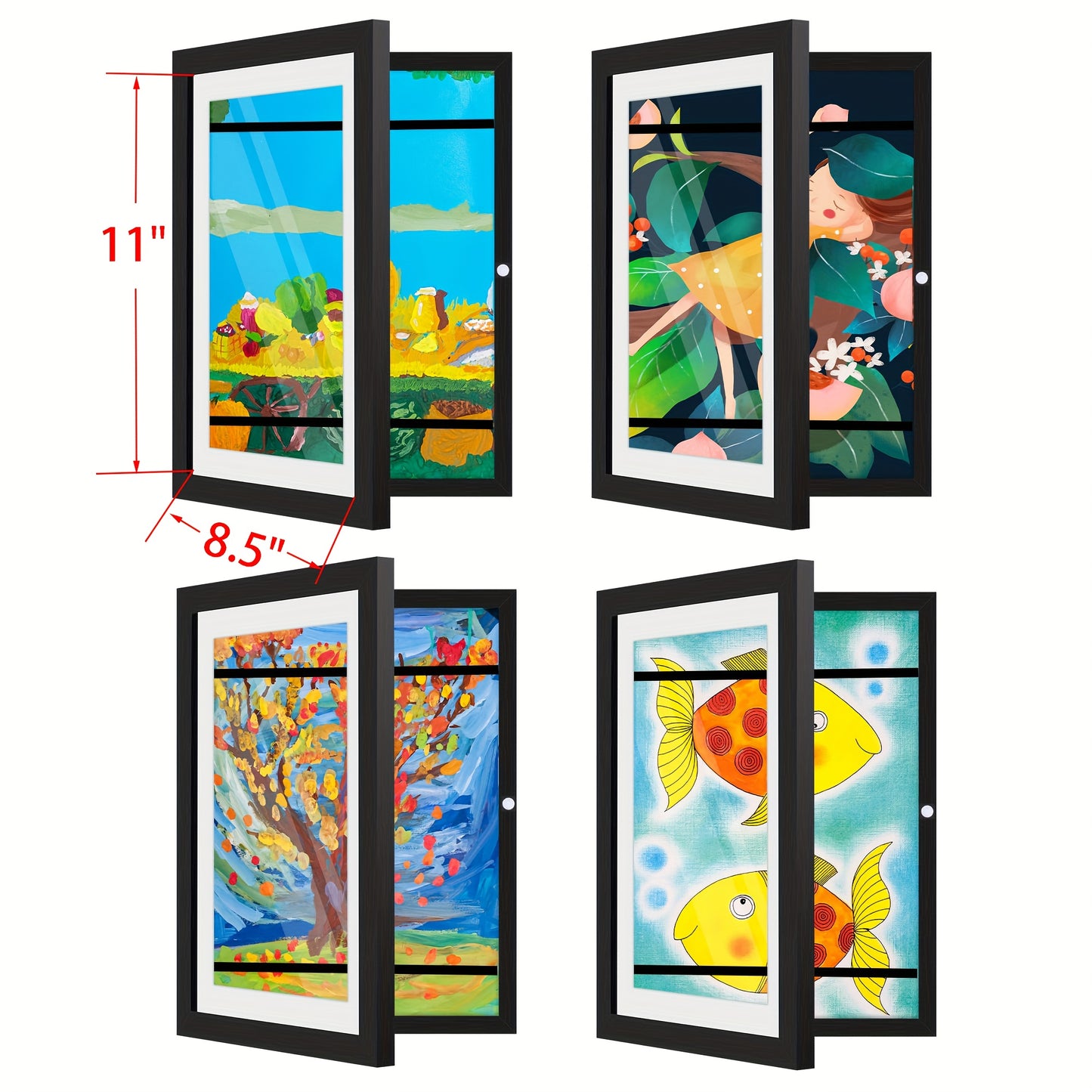 Kids Art Frame Changeable Front-Opening Display – Children Artwork Picture Frame for 8.5x11 & 10x12.5 Drawings, Paintings & School Projects, Perfect Christmas & Holiday Gift, White / Wood / Black, 2/4/8 Pack