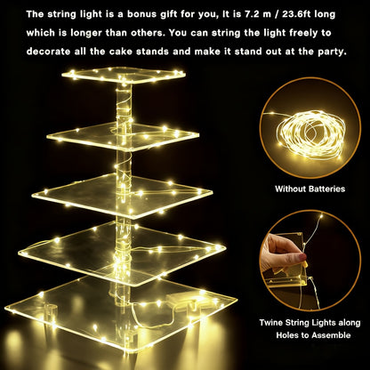 [Ultra-Stable] 5-Tier Cupcakes Stand Square Acrylic Cupcake Display Stand With LED String Lights Elegant Dessert Display Cupcake Stand For 60 Cupcakes For Tea Parties, Birthdays & Baby Showers, Birthday Or Wedding Party | Easy To Install