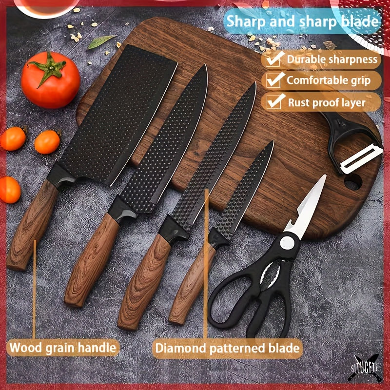 6 Kitchen Knife Set, Chef'S Knife, Slicing Knife, Scraper And Scissors, High Carbon Stainless Steel Super Sharp, With Anti-stick Ergonomic Wooden Handle, Suitable For Home Cooking, Camping, RV Trips, Holiday Gifting, Wedding Presents, Gift Box Set