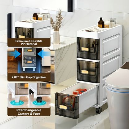 Deluxe Slim Storage Cabinet with Drawers - Durable Waterproof PP Material, Multi-Purpose Organizer with Ample Storage for Bathroom, Kitchen, Personal Care Product Dispensers, and More - Ideal for Small Spaces, Storage Drawer Units