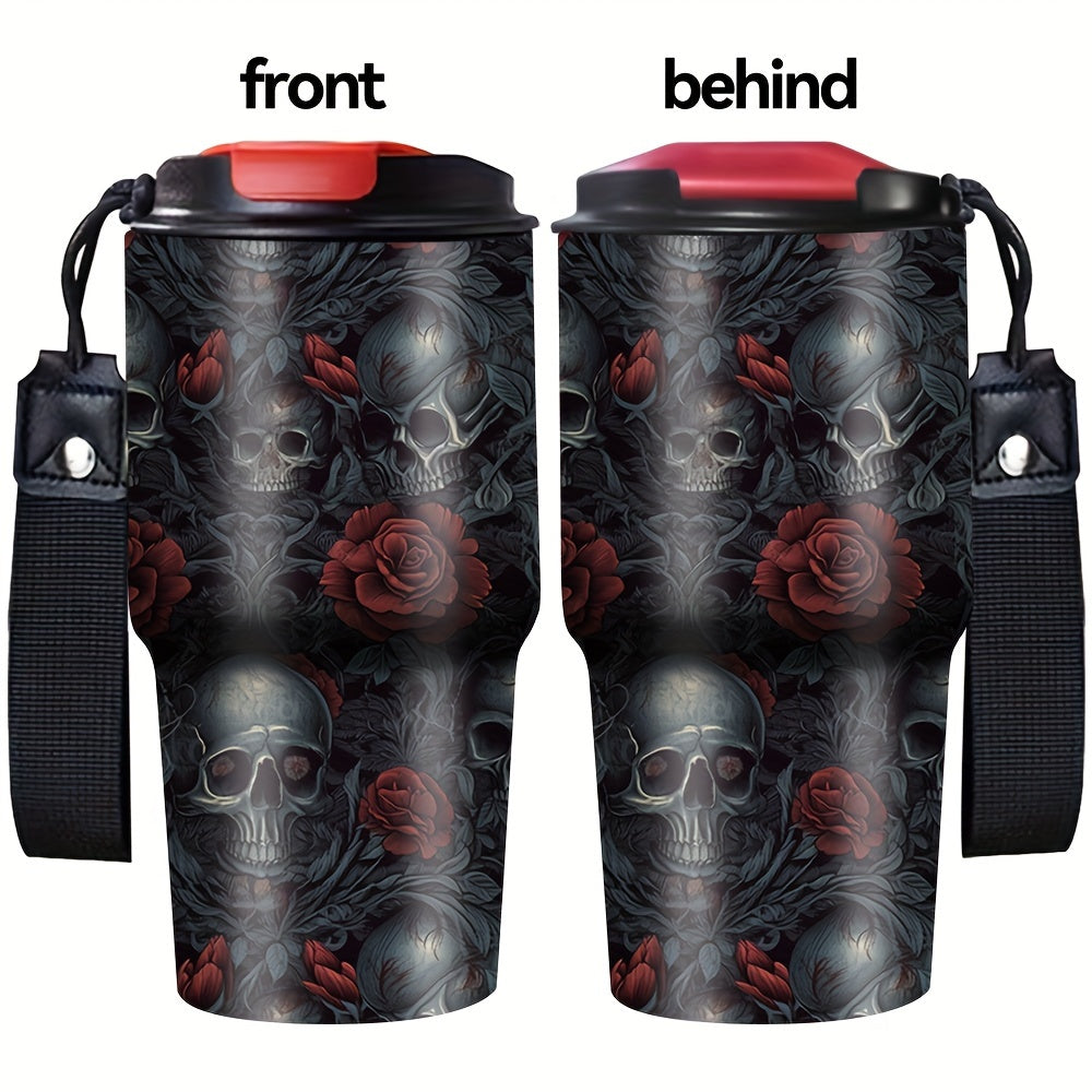 Gothic Skull & Roses Design Coffee Cup, 20oz Stainless Steel Insulated Tumbler with Carrying Strap, Beverage Container, Travel Mug, Summer Water Bottle, Camping Drinkware, Ideal Gift for Halloween, Birthdays, Christmas, Easter, Parties, Holiday