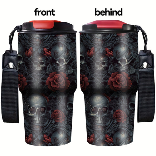 Gothic Skull & Roses Design Coffee Cup, 20oz Stainless Steel Insulated Tumbler with Carrying Strap, Beverage Container, Travel Mug, Summer Water Bottle, Camping Drinkware, Ideal Gift for Halloween, Birthdays, Christmas, Easter, Parties, Holiday