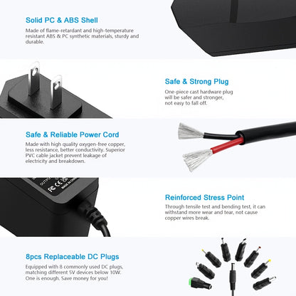 5V 2A Power Adapter Universal 9-in-1 with 8 Tips - AC/DC 5 Volt 10W Power Supply, Type-C, Micro-USB, 5.5x2.5mm & More, for Router, CCTV, LED Strip, TV Box, Smart Home Devices