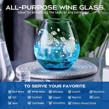 RorAem Wine Glasses - Turtles Wine Glass Hand Etched Sea Turtles Unique Wine Gifts for Women Ocean Beach Turquoise Glass Cup Stemless Wine Glass for Turtle Lovers Mom Mother 16oz Gift Box, Beautiful Gift Box Set, Christmas And Halloween Gifts