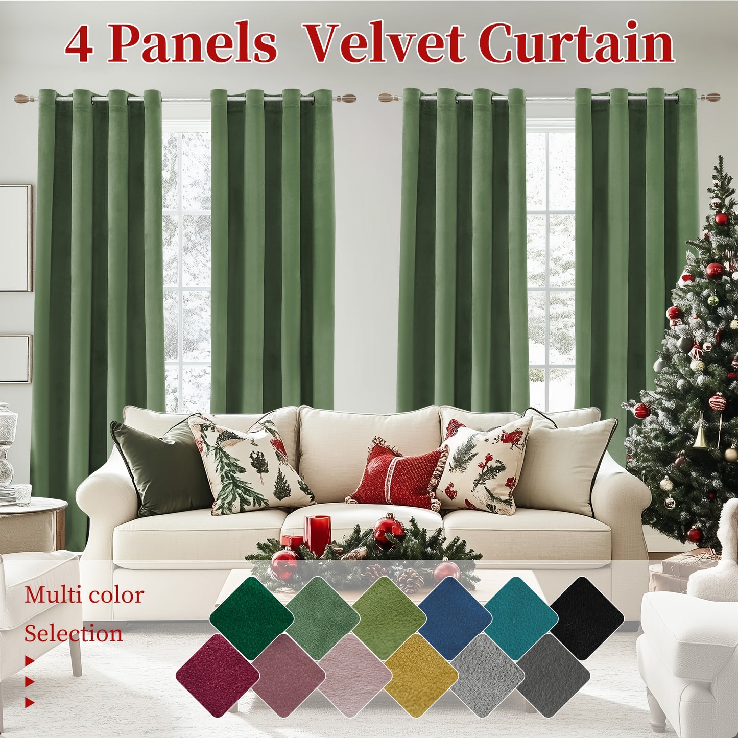 4pcs Luxury Velvet Blackout Curtains - Thermal Insulation & Noise Reduction, Soft Drapes for Living Room and Bedroom Decor, Grommet Top, Christmas Decoration