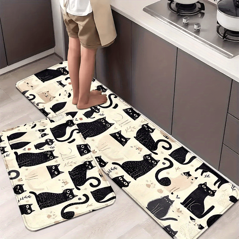 1pc Non-Slip Washable Flannel Floor Mat Suitable for Dining Room, Entryway with Backing & Soft - Hand Washable Suitable for Home Decor, Kitchen, for Floors, Playful Black and White Cat Pattern