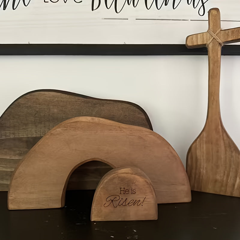He Is Risen Wooden Tomb Easter Scene And Cross Decoration, Wood Easter Resurrection Scene for Tray,  Nativity Scene Decor for Religious Decorations, Home Office Tabletop, Shelf Decor