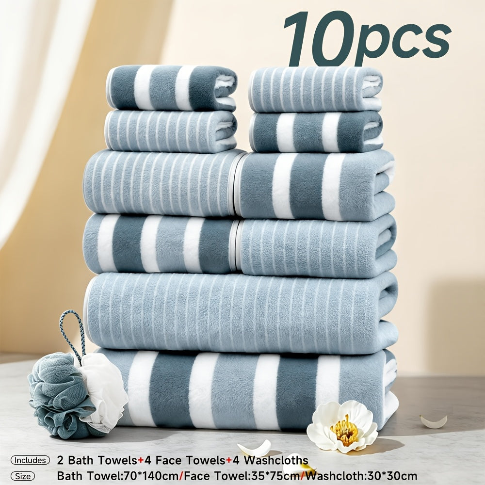 10pcs/3pcs/1pc Towel Set, No Hair Loss, Super Water Absorption,Ultra-Soft Microfiber Beach Towels for Adults, Super Soft Five-star Hotel Standard Two-color Striped Interval Bath Towel Combination(11.81x11.81inch, 13.78x29.53inch, 27.56x55.12inch)