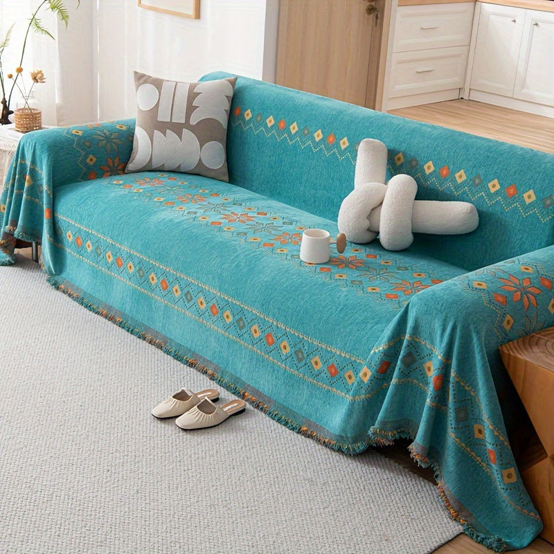 1pc Bohemian Sofa Cover with -Style Embroidery - Chenille Fabric Fit for Single/Double/Triple/Quad Sofas, Sofa Compatible for -Section Couches, Machine Washable (No Padding)