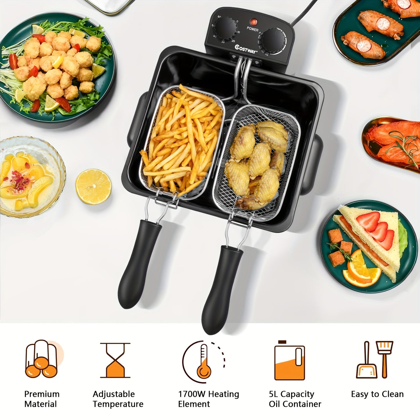 Electric Deep Fryer 5.3Qt Triple Basket 1700W Stainless Steel with Adjustable Temperature, 60-Min Timer & View Window Lid for Home Kitchen