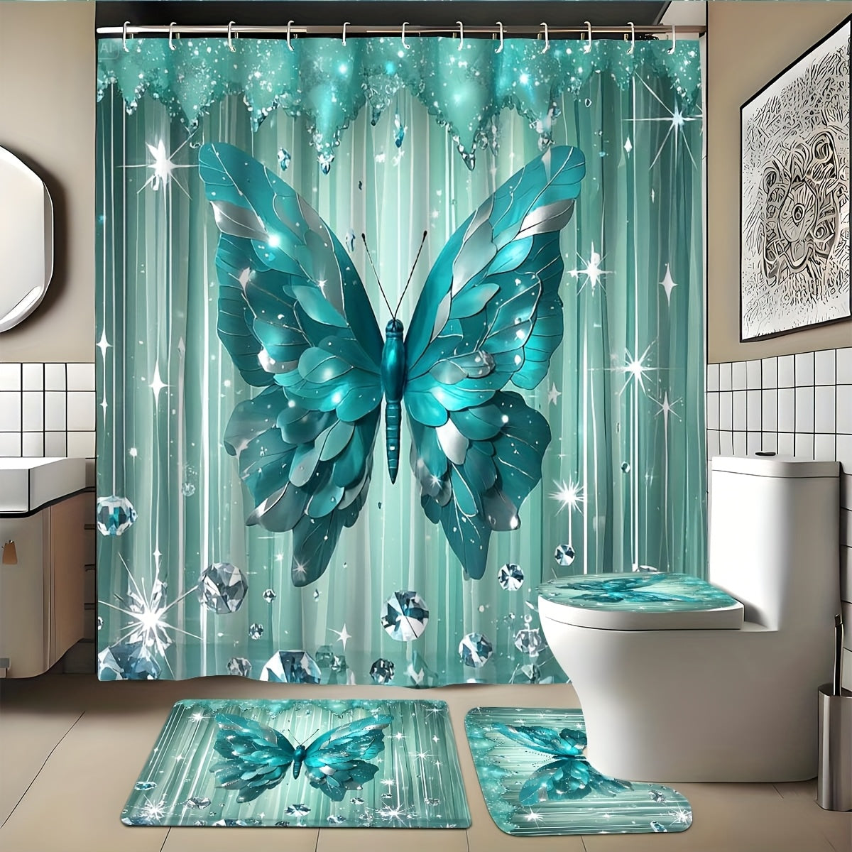 1pc/4pcs Diamond Butterfly Print Bath Curtain Set, Non-slip Bathroom, U-shaped, Toilet Seat Cover, Machine-washable Nylon Bath Curtain With 12 Durable Hooks 70.8x70.8 Inches, Bathroom Decorations And Accessories, Suitable For All Season
