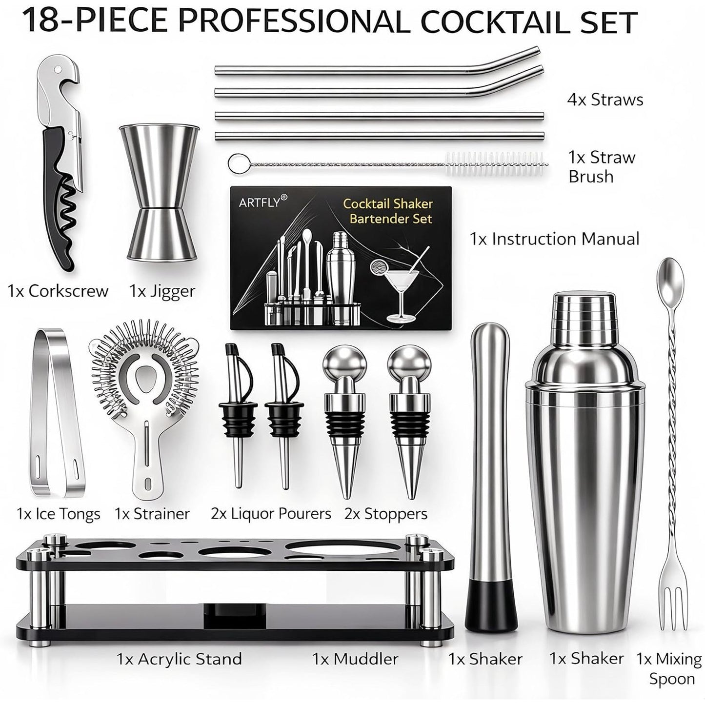 18-Piece Bartender Kit with Acrylic Stand, 18/8 Stainless Steel Bar Set with Martini Shaker, Jigger, Muddler & Recipe Book for Home Bar