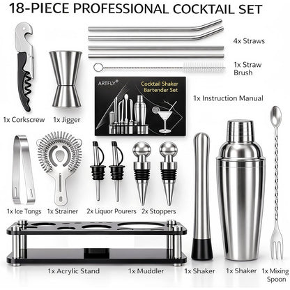 18-Piece Bartender Kit with Acrylic Stand, 18/8 Stainless Steel Bar Set with Martini Shaker, Jigger, Muddler & Recipe Book for Home Bar