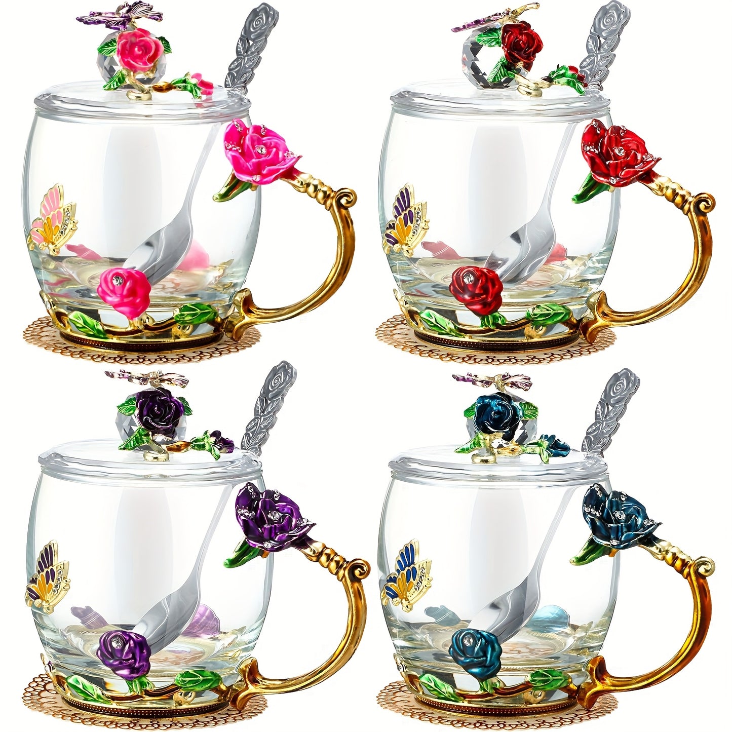 4 Sets Flower Glass Tea Cups with Lids And Spoon Butterfly Vintage Glass Coffee Mugs Floral Fancy Clear Teacup Mother's Day Women Mom Wife Girlfriend Gift(Pink, Purple, Blue, Red, 11oz)