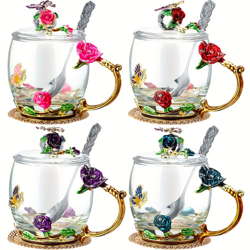 4 Sets Flower Glass Tea Cups with Lids And Spoon Butterfly Vintage Glass Coffee Mugs Floral Fancy Clear Teacup Mother's Day Women Mom Wife Girlfriend Gift(Pink, Purple, Blue, Red, 11oz)
