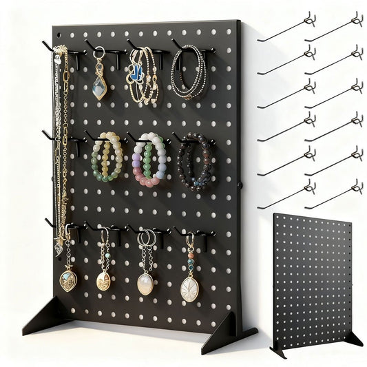 1pc Standing Pegboard Jewelry Display with 12pcs Removable Peg Hooks and Accessory Organizer Countertop Display, Hole Board Display Rack, Perfect for Jewelry and Other Small Accessories, Black White Color for Choose, Jewelry Towers