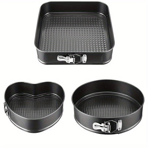 3/6pcs Non-Stick Durable Cake Baking Pan Set, with Removable Bottom Cake Molds, Carbon Steel Round and Heart-Shaped Baking Pans, Easy-Release Kitchen Springform Pan Set, Black
