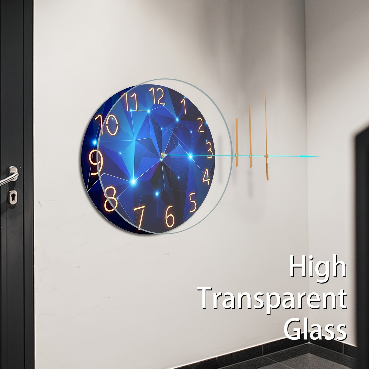 12-24 Inch Modern Blue Glass Wall Clock Large - Deep Blue Decoration, Silent Non-Ticking Quartz Movement, Battery Operated, 4mm Thick Tempered Glass - Suitable for Living Room, Bedroom, Office - Holiday Home Decor Gift, Bedroom Clock, Fantasy Design