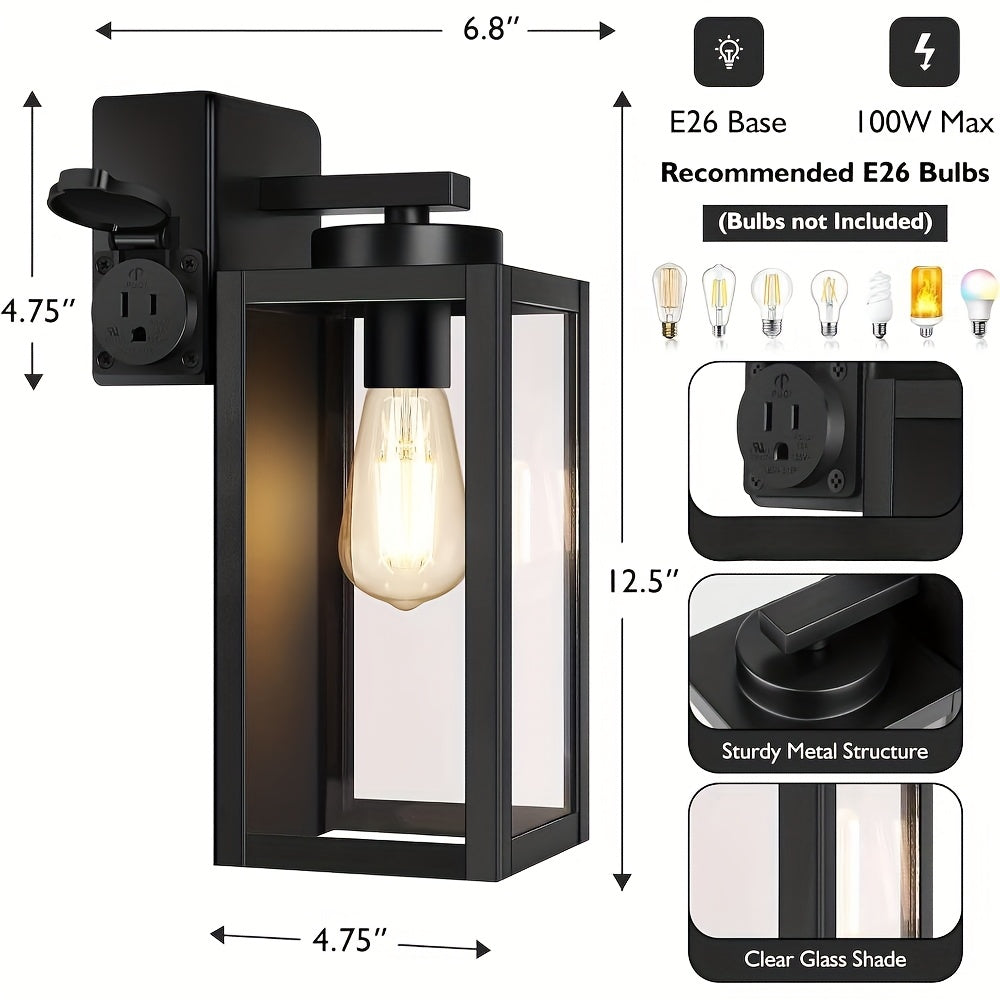 Porch Lights Outdoor, Modern Outdoor Wall Lights Exterior Lighting Fixtures, 2-Pack with Outlet, Outdoor Wall Sconces Outside Lights for House Front Door Garage, Black