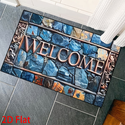 2D Retro Blue Welcome Doormat Stone Pattern Entrance Carpet Non-Slip Floor Mats Indoor Home Decor