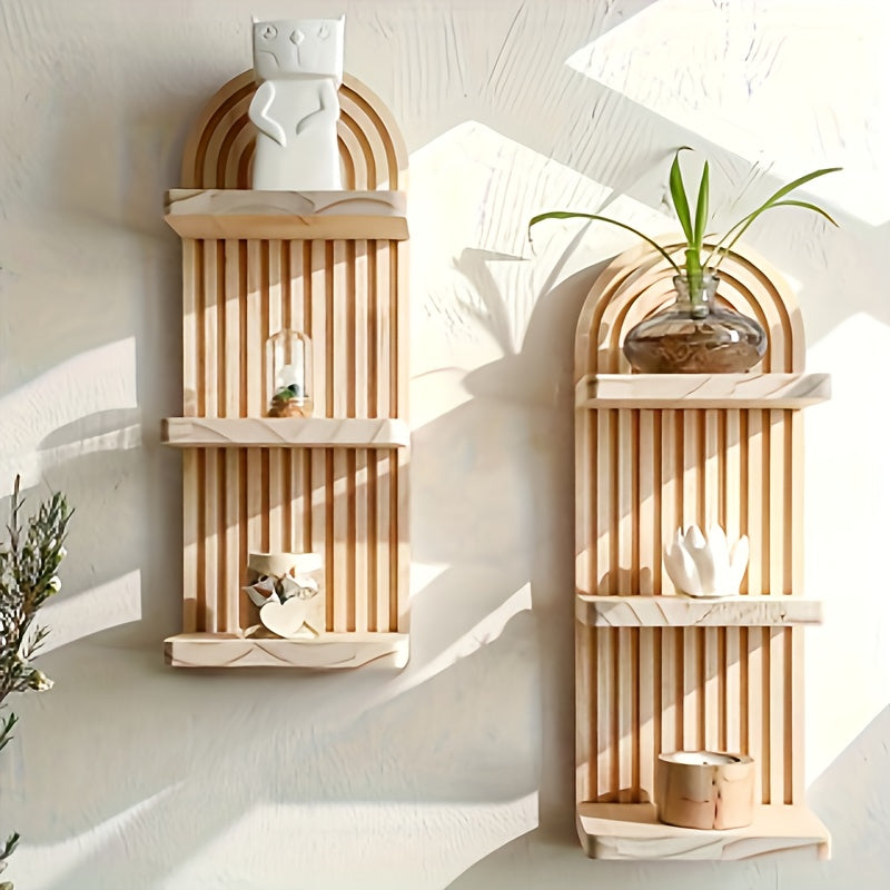 Boho Wooden Wall Shelf Floating Plant Shelf – 3 or 5 Tier Oval Hanging Flower Pot Rack, Minimalist Bedroom Living Room Storage Display Shelf, Wall-Mounted Wood Decor for Home & Apartment