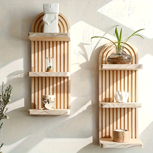 Boho Wooden Wall Shelf Floating Plant Shelf – 3 or 5 Tier Oval Hanging Flower Pot Rack, Minimalist Bedroom Living Room Storage Display Shelf, Wall-Mounted Wood Decor for Home & Apartment