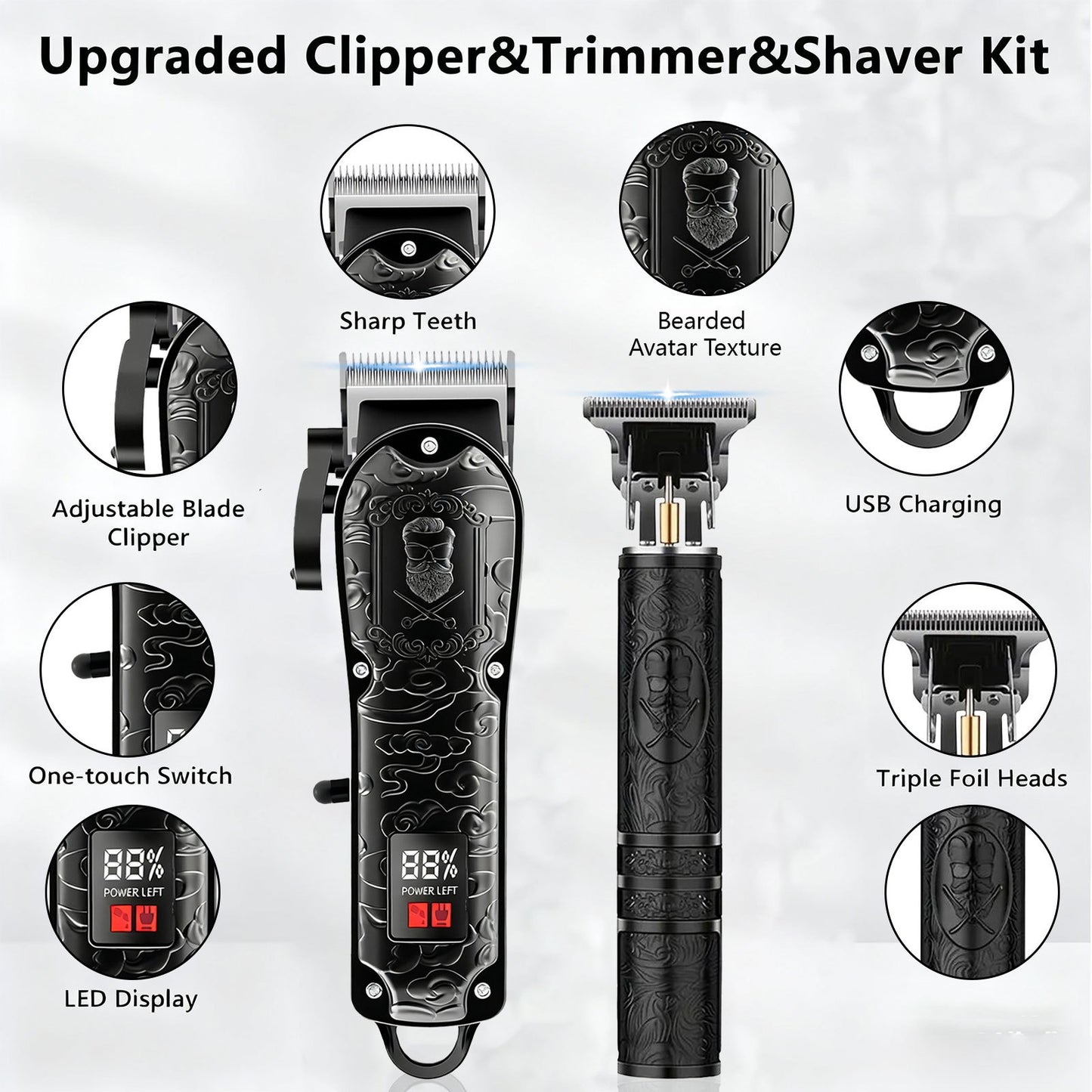 Electric Grooming Kit Foil Shaver Beard Trimmer & Nose Ear Hair Trimmer Set with LCD Power Display - Rechargeable 2 to 4 Piece Sets for Home, Travel & Car, Perfect Gift for Men, Husband & Father