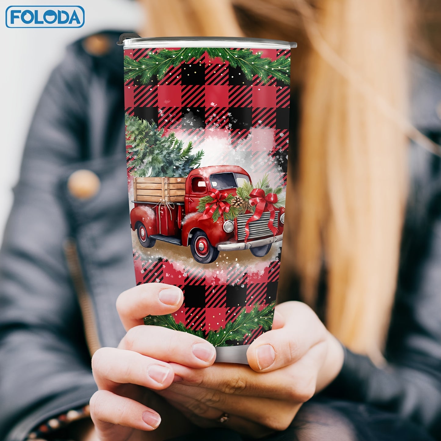 Foloda 1pc Red Truck Tumbler Christmas Patterns Tumbler Merry Christmas Gift Tumbler Stainless Steel Double Wall Vacuum Insulated Tumblers 20oz Coffee Travel Mug Xmas Gift Red Truck Gifts For Men Women Friend Parent Teacher Birthday