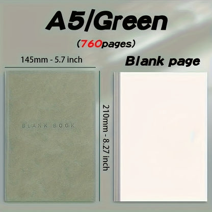 Minimalist 760 Page Blank Notebook - A5 Size, Suitable for Sketching And Doodling, Made Of Artificial Leather, Soft Cover, Ideal for College Students And Adults, Christmas Gifts