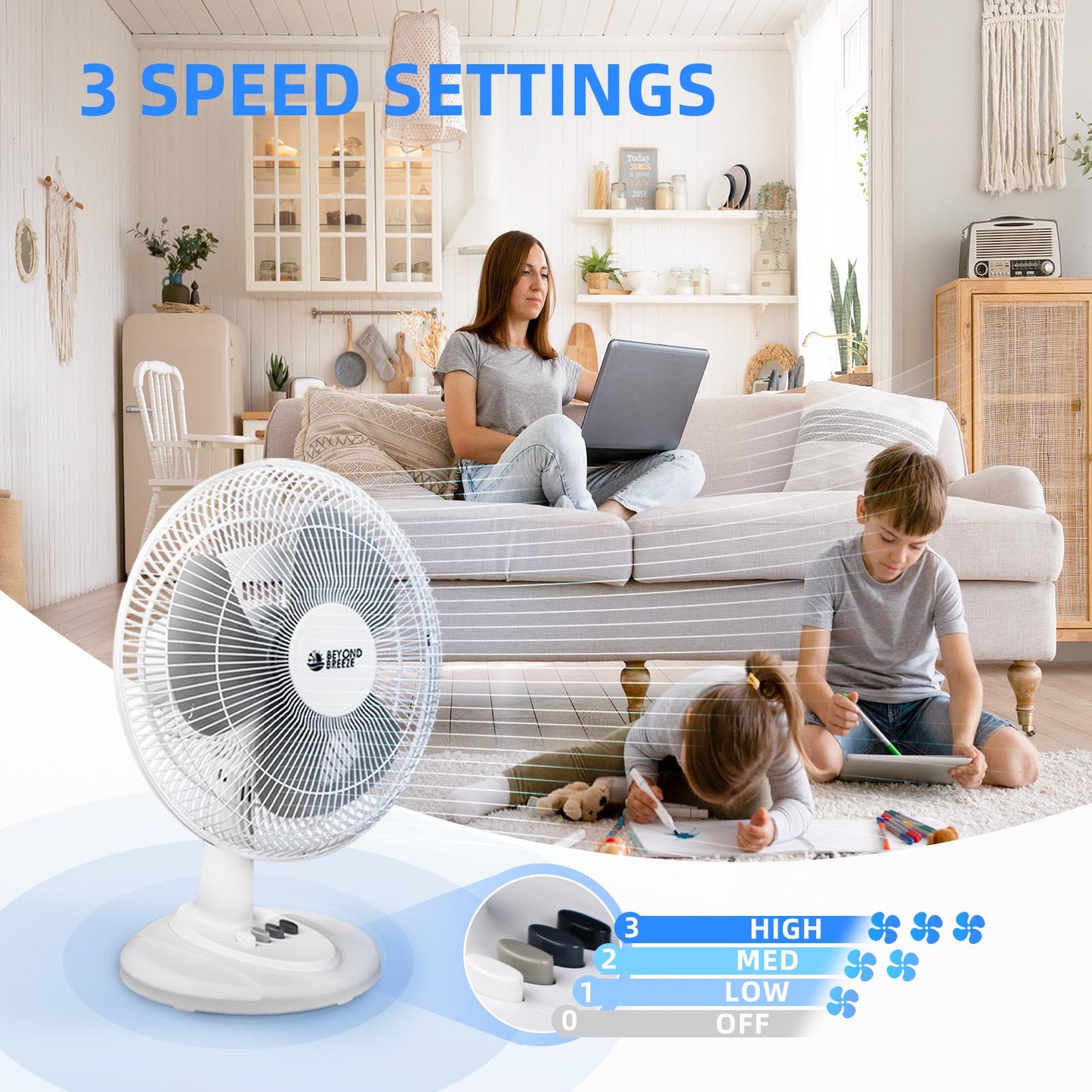 12 inch Oscillating Table Fan Quiet with 3-Speed, Adjustable Tilt Fan with Safety Grill, Ideal for Home, Office, Dorm