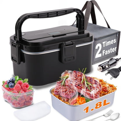 Lunch Box 60.87oz - 110V Home & 12V/24V Car Portable Food Warmer, Stainless Steel Heated Meal Container W/ Fork & Insulated Bag, for Truck Drivers, Office, Travel, Camping, College(Fast Heating)