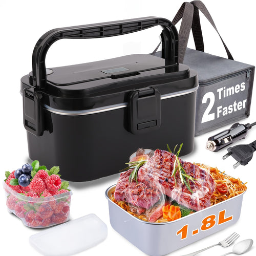 Lunch Box 60.87oz - 110V Home & 12V/24V Car Portable Food Warmer, Stainless Steel Heated Meal Container W/ Fork & Insulated Bag, for Truck Drivers, Office, Travel, Camping, College(Fast Heating)
