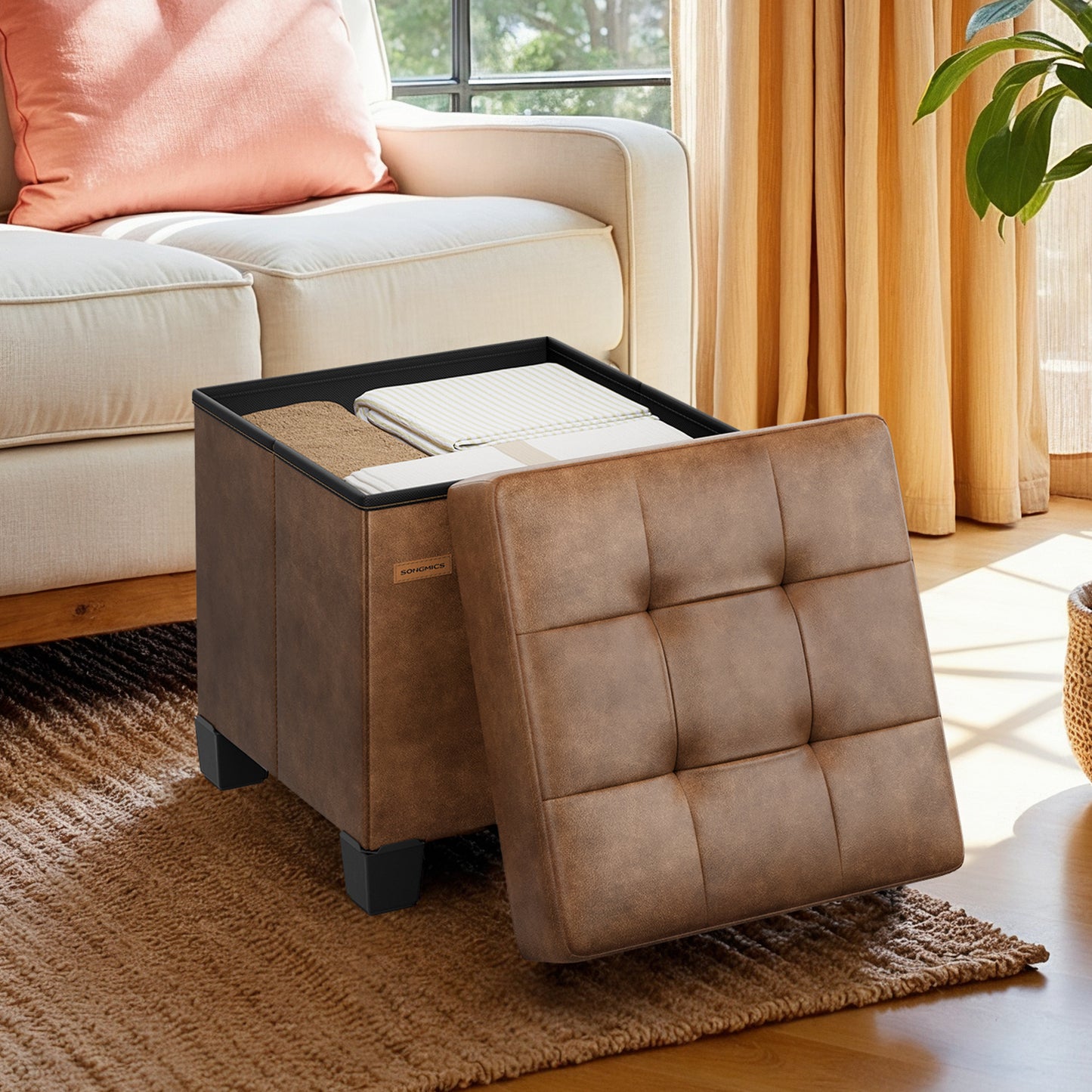 Storage Ottoman, Cube Ottoman with Legs, Footstool, Footrest, 10 Gal. (37L), Synthetic Leather, for Bedroom, Living Room, Dorm