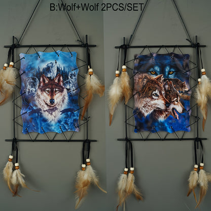 2pcs/SET Wolf Eagle Dream Catchers Canvas Printing Rectangle Shape Living Room Background Wall Layout, Wall And Door Decor, Suitable for TV Background Wall, Living Room, Entryway Wall And Other Decorations