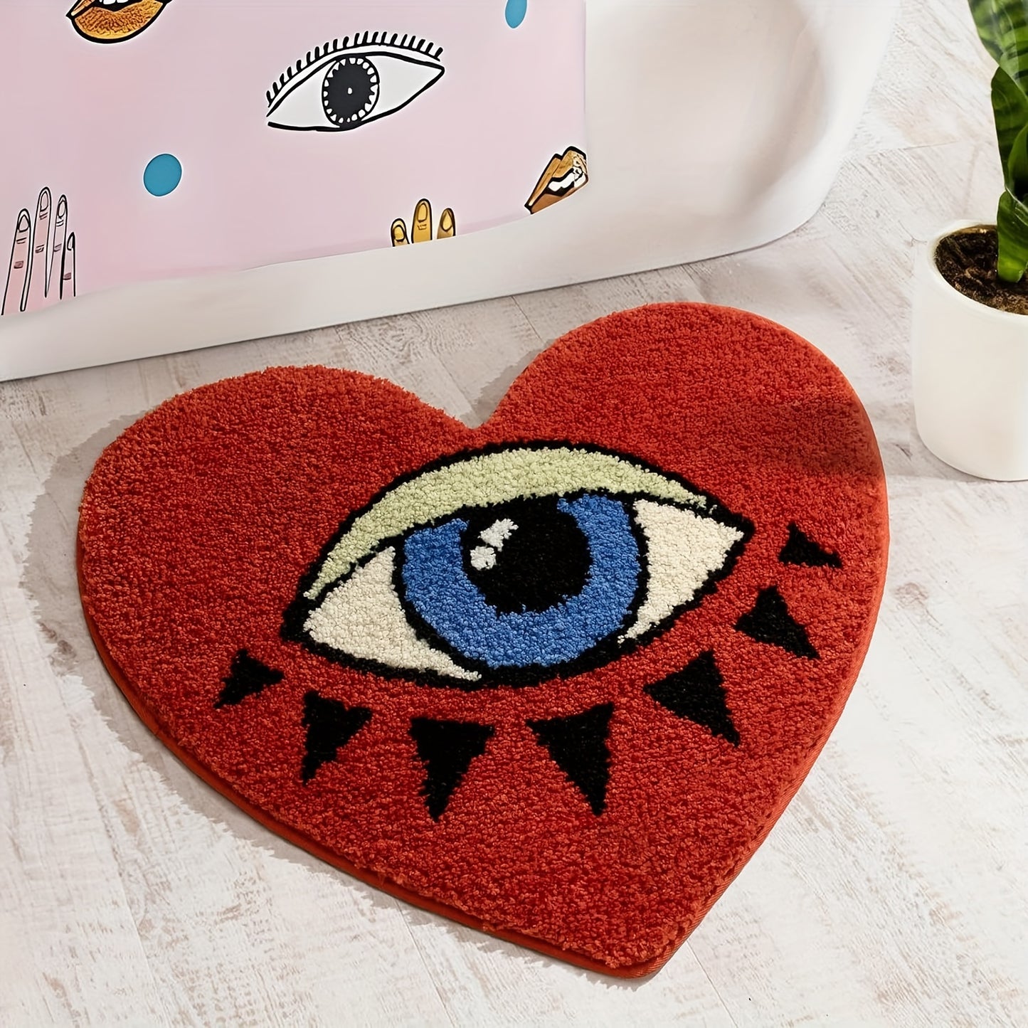 1pc Eye Pattern Heart Shaped Irregular Bathroom Carpet, Valentine's Day Decorative Bathtub Foot Pad, Plush Non-slip Absorbent Bathroom Mat, Bathroom Accessories, Home Decor, Room Decor