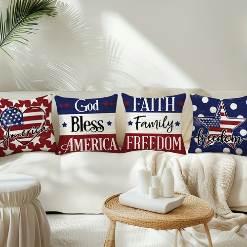 4pcs, Freedom Patriotic Throw Pillow Covers, Patriotic USA Memorial Day American Flag Decorative Cushion Covers, Home Farmhouse Decorations for Sofa Living Room Outdoor, Polyester, 18" * 18", Not including Pillow Core