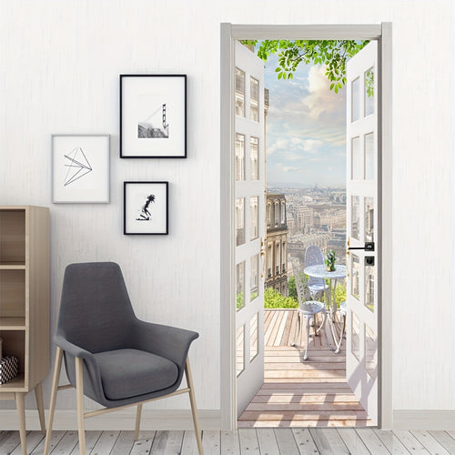 35.43*78.74inch Push Open Door Balcony Scenery Door Sticker, Removable, Waterproof, Large Home Wall Sticker, Bedroom Living Room Mural, Peel And Stick Wallpaper, Wall Decoration, Wall Art, Home Creativity