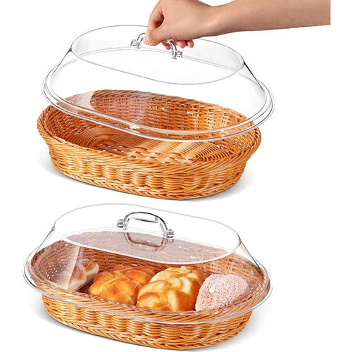 Woven for Bread Basket with Lid - Oval Rattan Food Basket for Serving, Storage And Display | Ideal for Bread, Fruits, Vegetables, Kitchen And Dining Decor