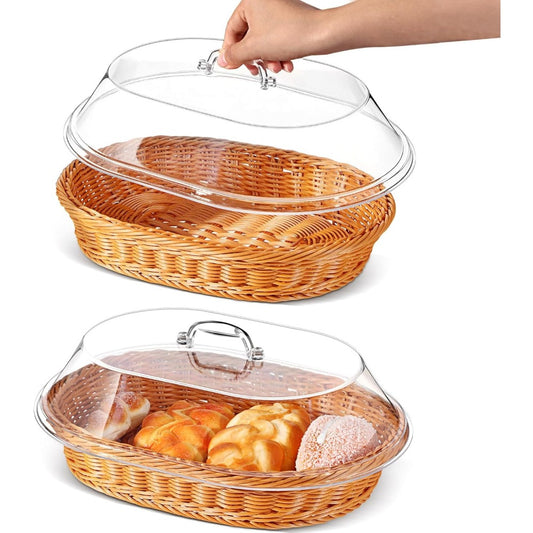 Woven for Bread Basket with Lid - Oval Rattan Food Basket for Serving, Storage And Display | Ideal for Bread, Fruits, Vegetables, Kitchen And Dining Decor