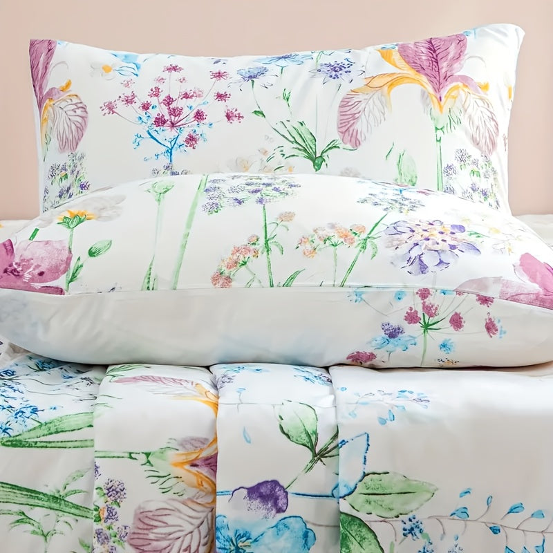 4-Piece Fresh Flowers Bedding Set | 1 Fitted Sheet + 1 Flat Sheet + 2 Pillowcases | Soft & Breathable Polyester | All-Season | Machine Washable