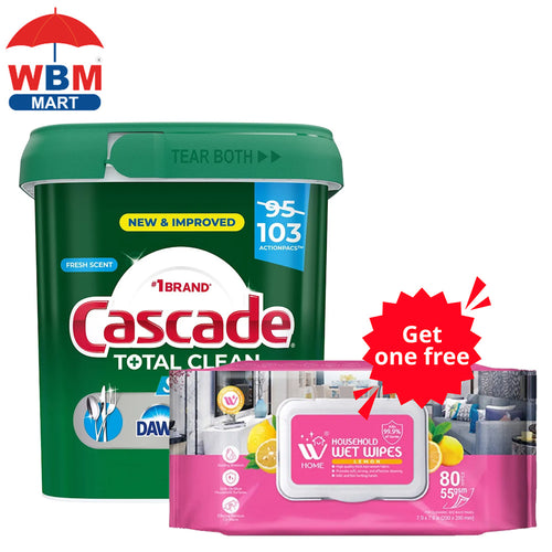 Cascade Total Clean Shine Boost ActionPacs Dishwasher Detergent 92 Count Fresh Scent 9-in-1 Cleaning No Pre-Wash Needed Removes Dried-On Food Prevents Spots Works in All Dishwashers with Wet Wipes