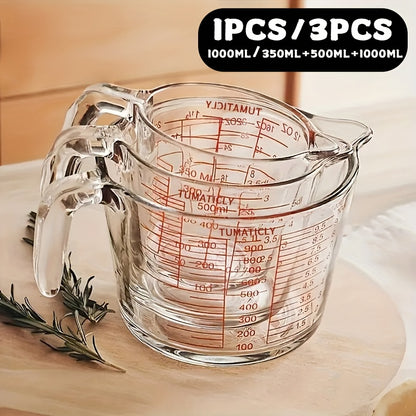 1/3pcs Glass Measuring Cups, 11.83oz + 16.91oz + 33.81oz Transparent, Human Handle Design, Tempered Glass, Dishwasher, Freezer, Microwave And Preheat Oven Safe